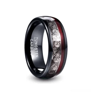 Black tungsten steel gothic ring with Celtic ethnic inlay pattern and red accent stripe, front view on white background