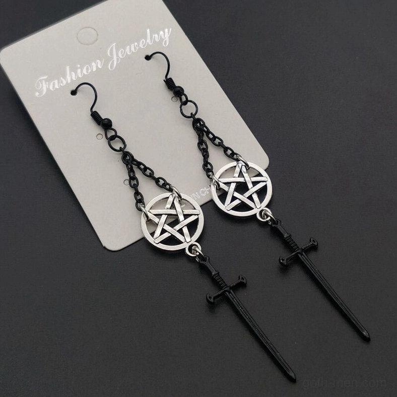 Black twisted chain pentagram earrings with silver charms - gothic alternative jewelry