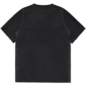 Black oversized tactical tee back view showing reinforced seam yoke and textured side stripe details