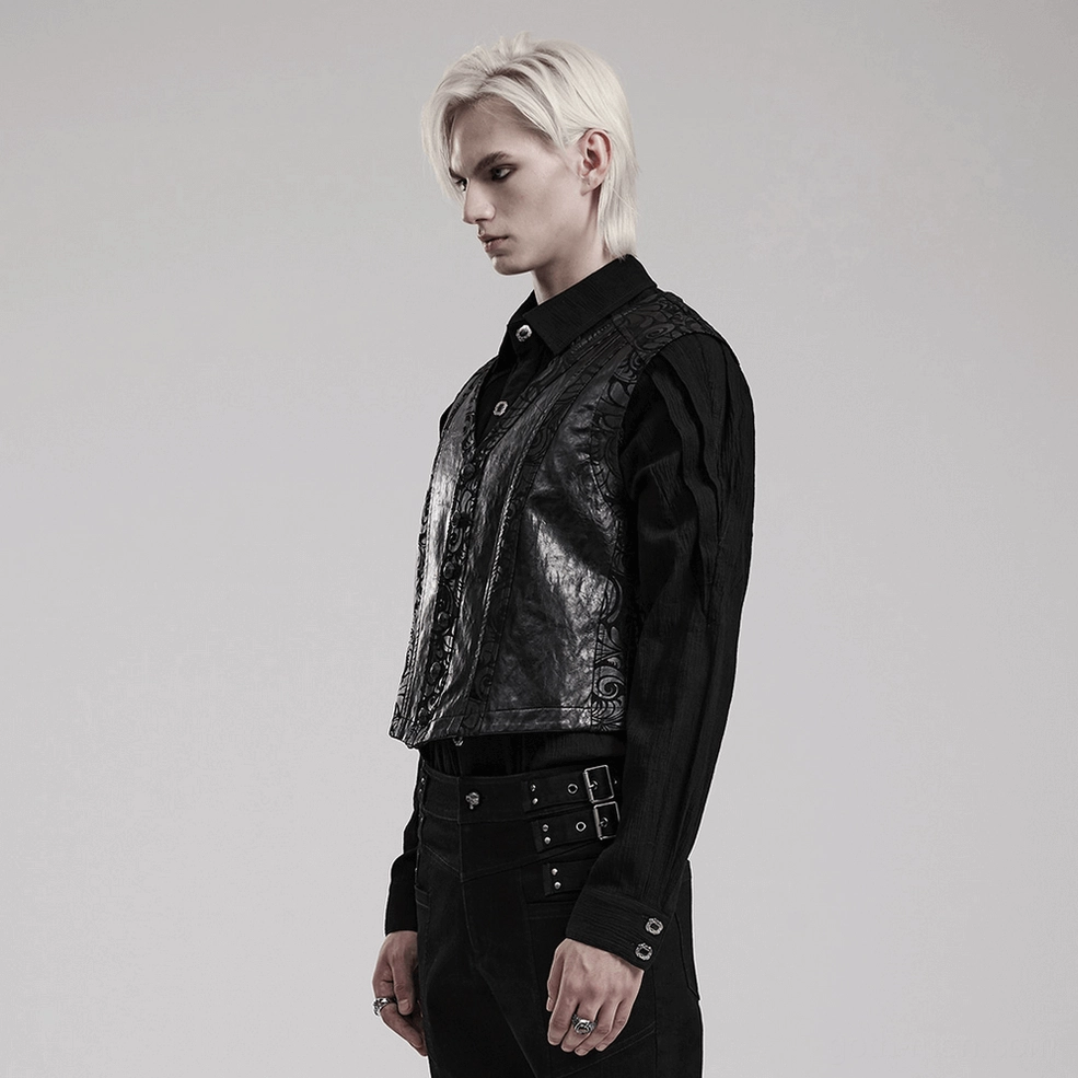 Black V-neck gothic waistcoat back view embossed scroll pattern leather detail studio shot
