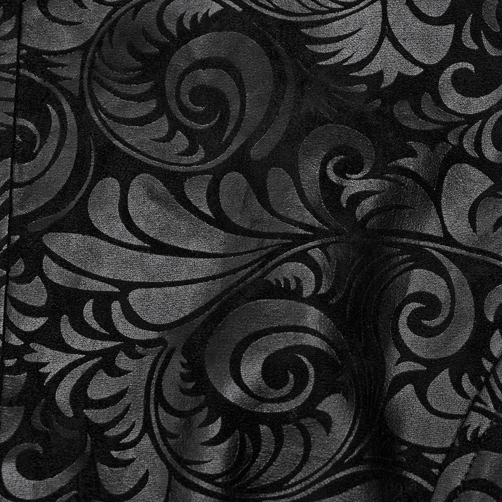 Black V-neck gothic waistcoat with embossed scroll leather detail front view styled studio