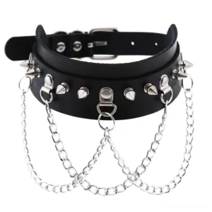 Black vegan leather spiked gothic choker with multi-layer zinc alloy chains, front flat lay view showcasing cone spikes and adjustable buckle