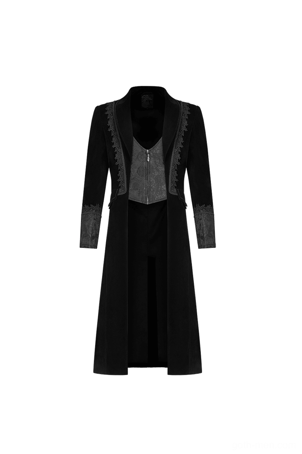 Men's black velvet gothic cape flat lay showing attached vest with zipper, lace lapels, and long formal length
