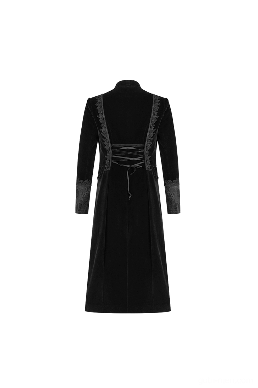 Rear flat lay of black gothic velvet cape displaying back lace-up closure, side lace trim, and full-length design