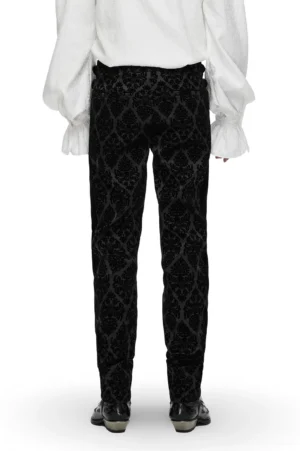 Black velvet damask gothic pants rear view showing fitted silhouette and high-waisted cut design