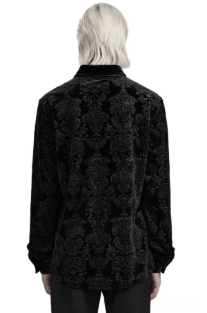 Black velvet damask gothic shirt rear view on model - embossed floral back panel showing full damask textile design