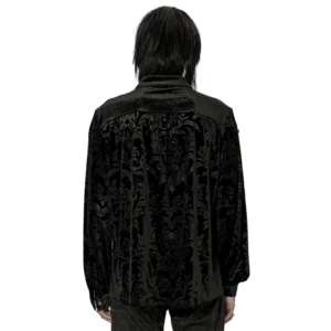 Back view of black velvet gothic shirt with yoked design and all-over embossed damask pattern detail