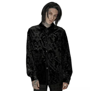 Black velvet damask embossed gothic shirt front view worn by tattooed male model, showcasing cross-shaped snap buttons and damask texture detail