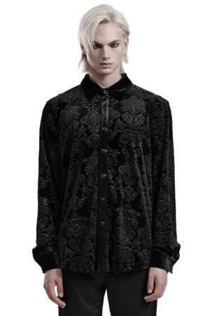 Black velvet damask gothic shirt front view on model - embossed floral long sleeve button-up with intricate Victorian damask pattern