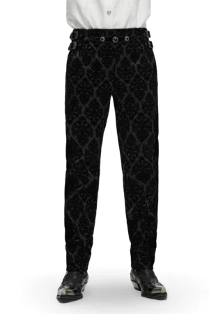 Black velvet damask gothic suit pants front full-body view with gemstone buckles and ornate waist hardware