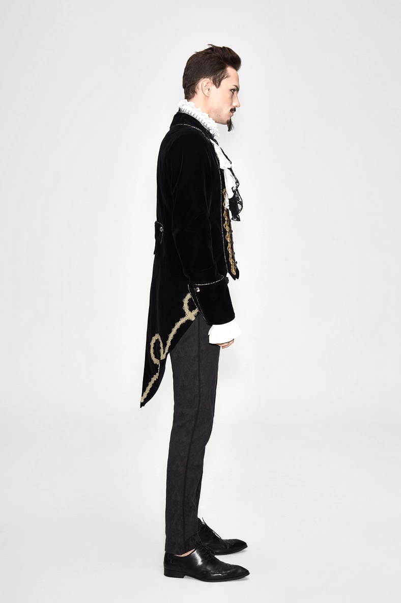 Texture detail of premium black velvet fabric and gold braided embroidery on Gothic tailcoat