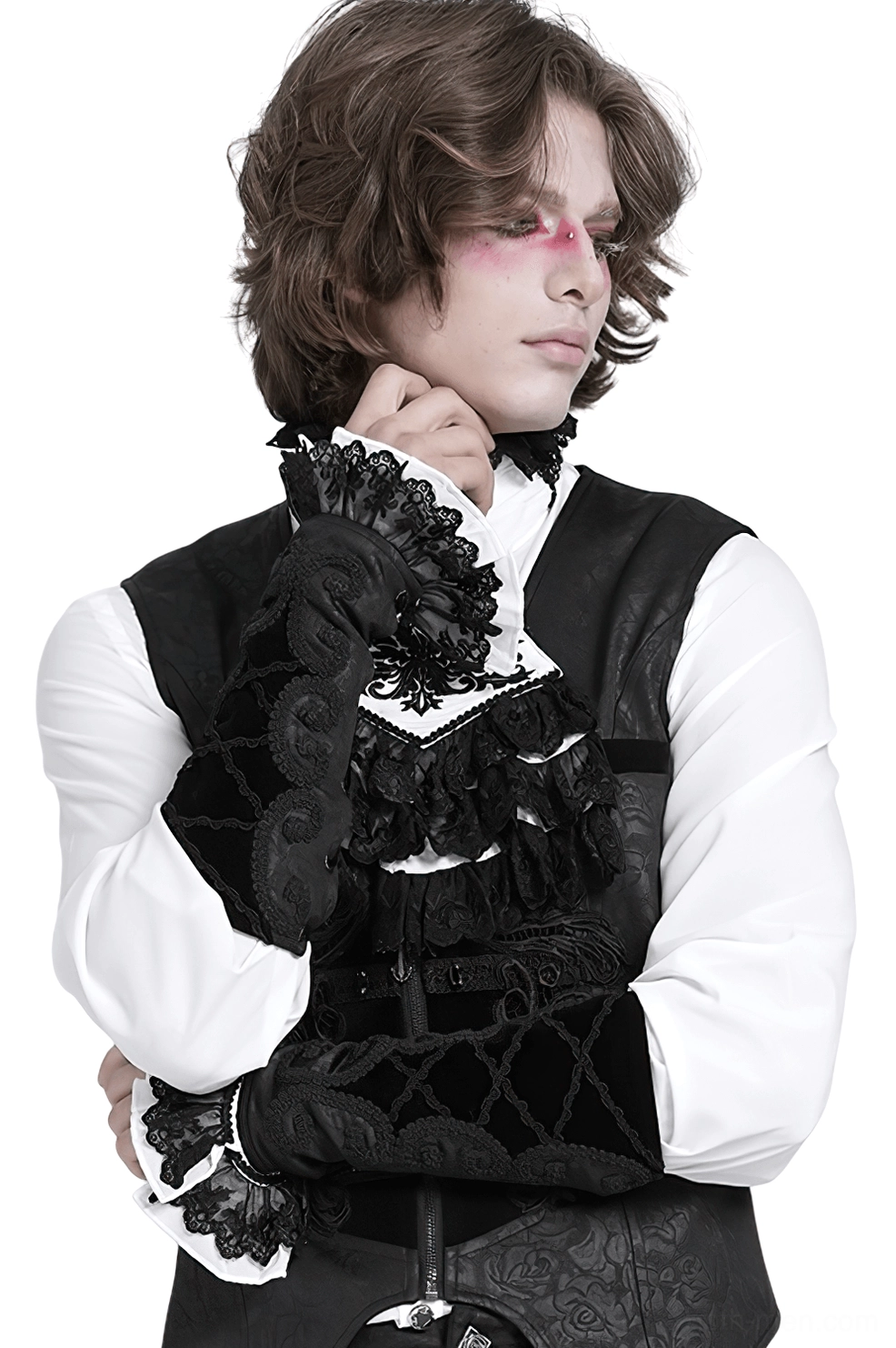 Black velvet gothic arm gauntlets with baroque lace-up lacing worn by male model with dramatic goth makeup, three-quarter view showing ruffled lace cuffs and embroidered details on studio background