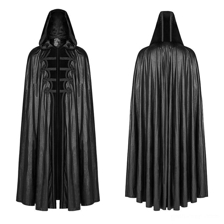 Black velvet hooded gothic cape with braided trim detail and draped silhouette from front angle