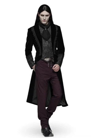 Black velvet gothic cape with integrated jacquard rose vest - front 3/4 view on male model wearing alternative fashion