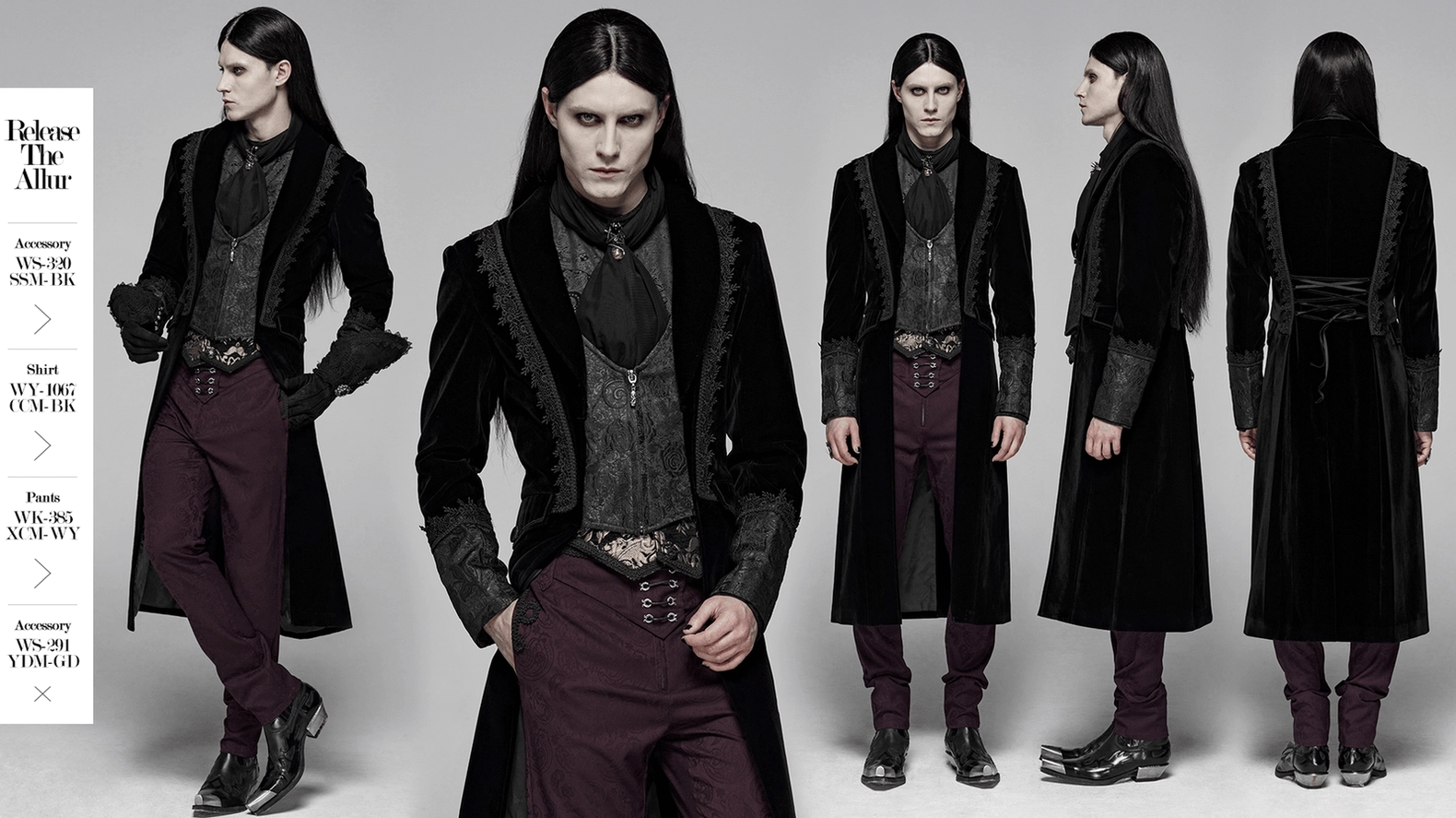 Front view of black gothic velvet cape showing attached jacquard vest, lace details, and fitted silhouette