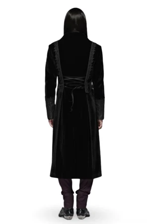 Black gothic velvet cape rear view showing adjustable lace-up corset back detail and flowing silhouette