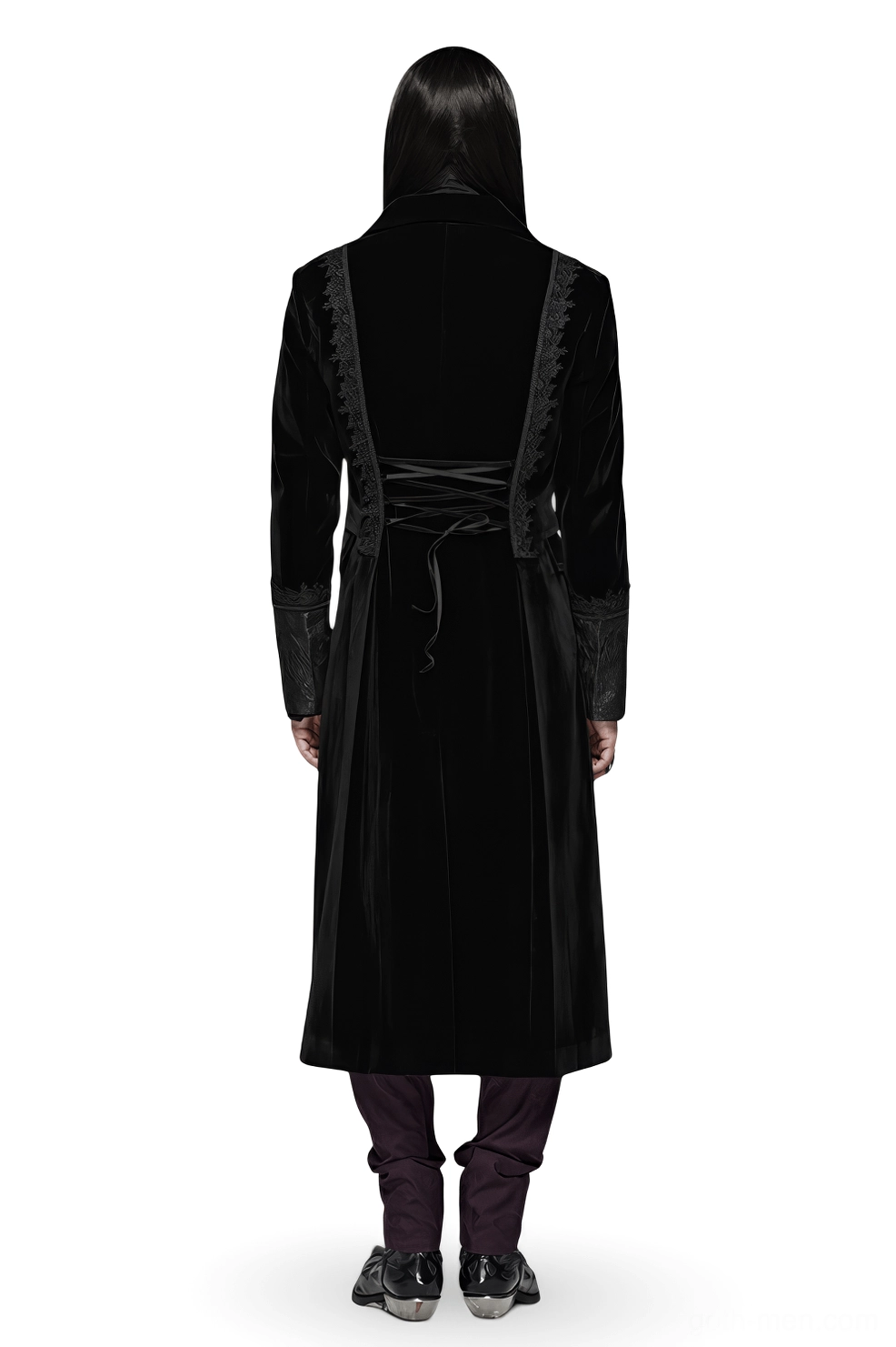 Black gothic velvet cape rear view showing adjustable lace-up corset back detail and flowing silhouette