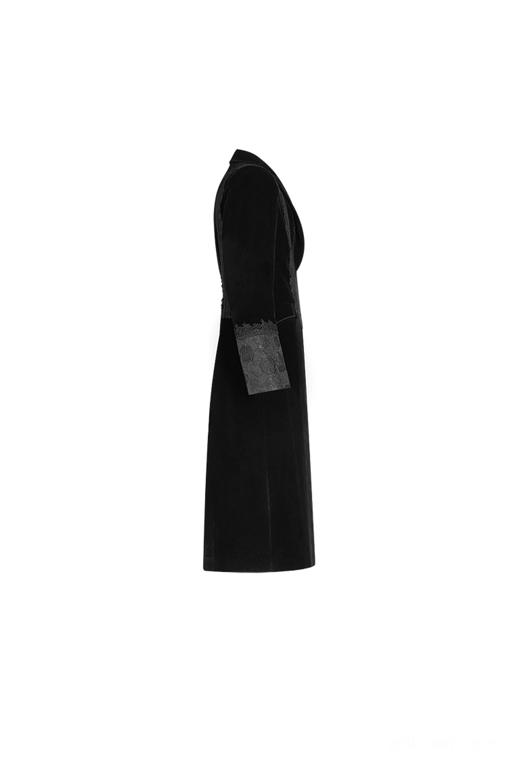 Side profile flat lay of fitted black velvet gothic cape showing slim silhouette and structured shoulder architecture