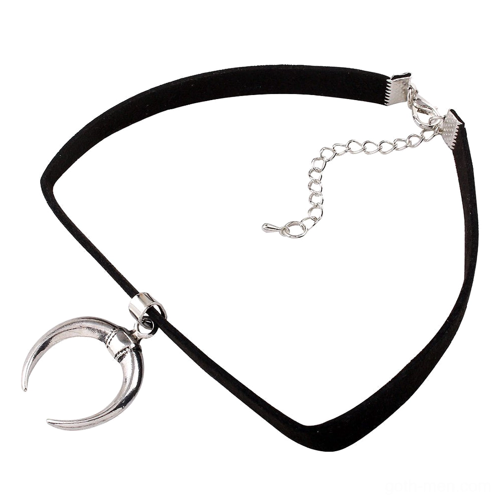 Black velvet choker side view showing chain extender and silver crescent moon charm - adjustable gothic neck collar