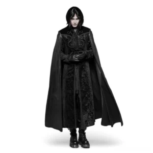Black velvet gothic cloak coat with embossed paisley detail, front full-body view worn by male model, attached flowing cape, adjustable stand collar