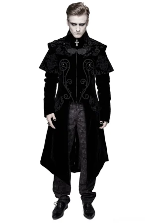 Black velvet gothic long coat front view on male model with removable cross collar and embroidered Celtic knot panels