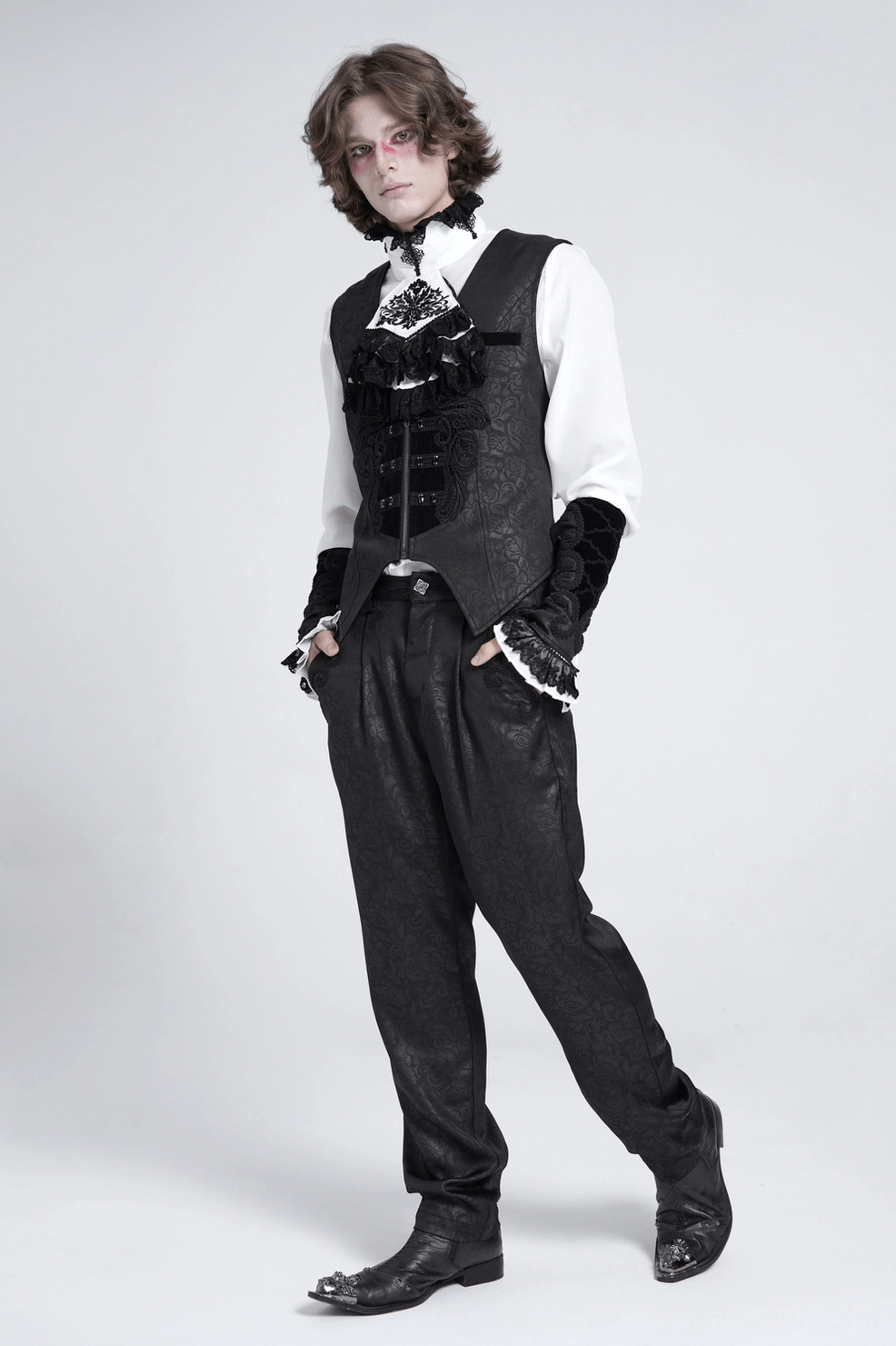 Black velvet gothic arm gauntlets showcasing baroque lace-up design, ruffled lace cuffs, and full adjustable lacing system detail on white studio background
