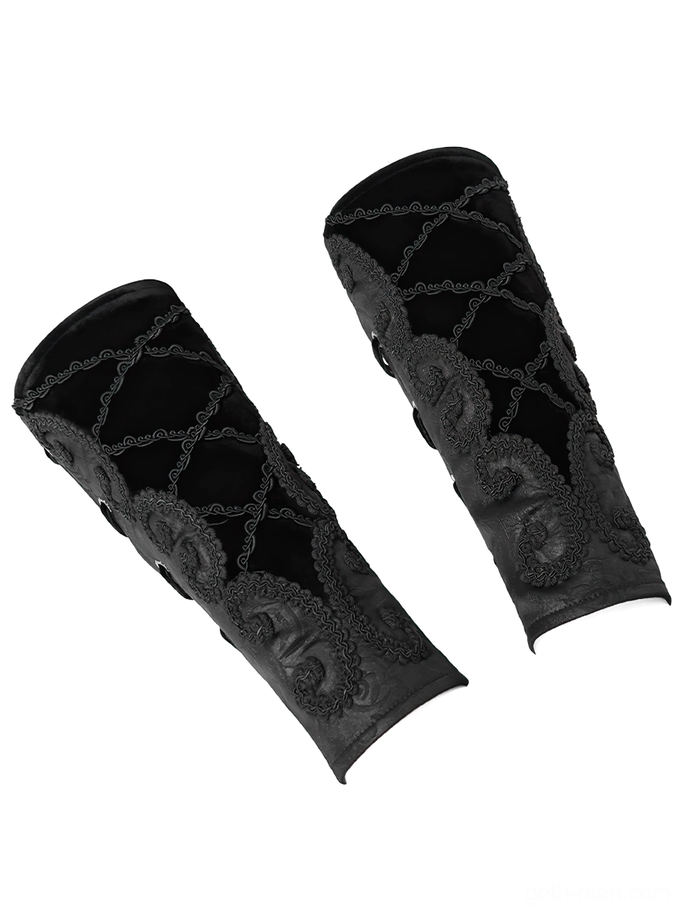 Overhead flat lay of black velvet gothic arm gauntlets pair showing paisley embroidery pattern, crisscross lace-up system, and metal eyelets on white background