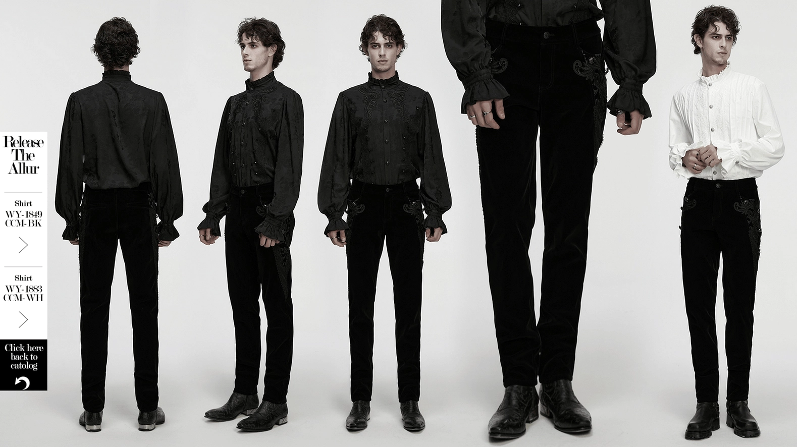 Black velvet gothic pants with lace and gemstone buttons, complete product showcase for alternative menswear