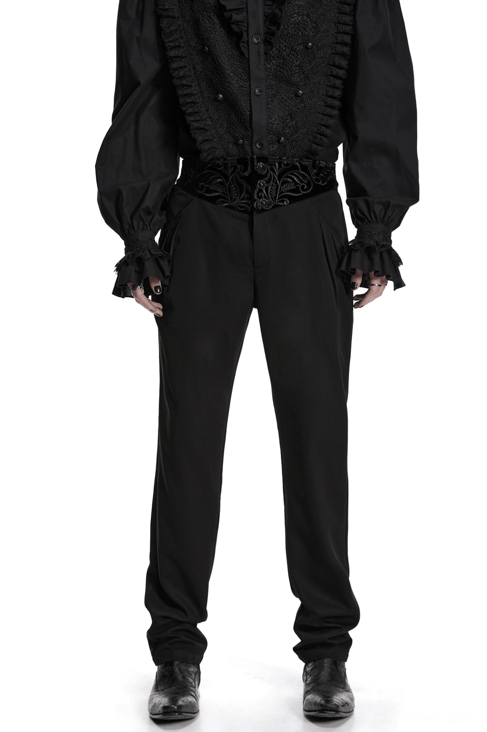 Black velvet embroidered gothic slim pants front view on male model showcasing fitted silhouette