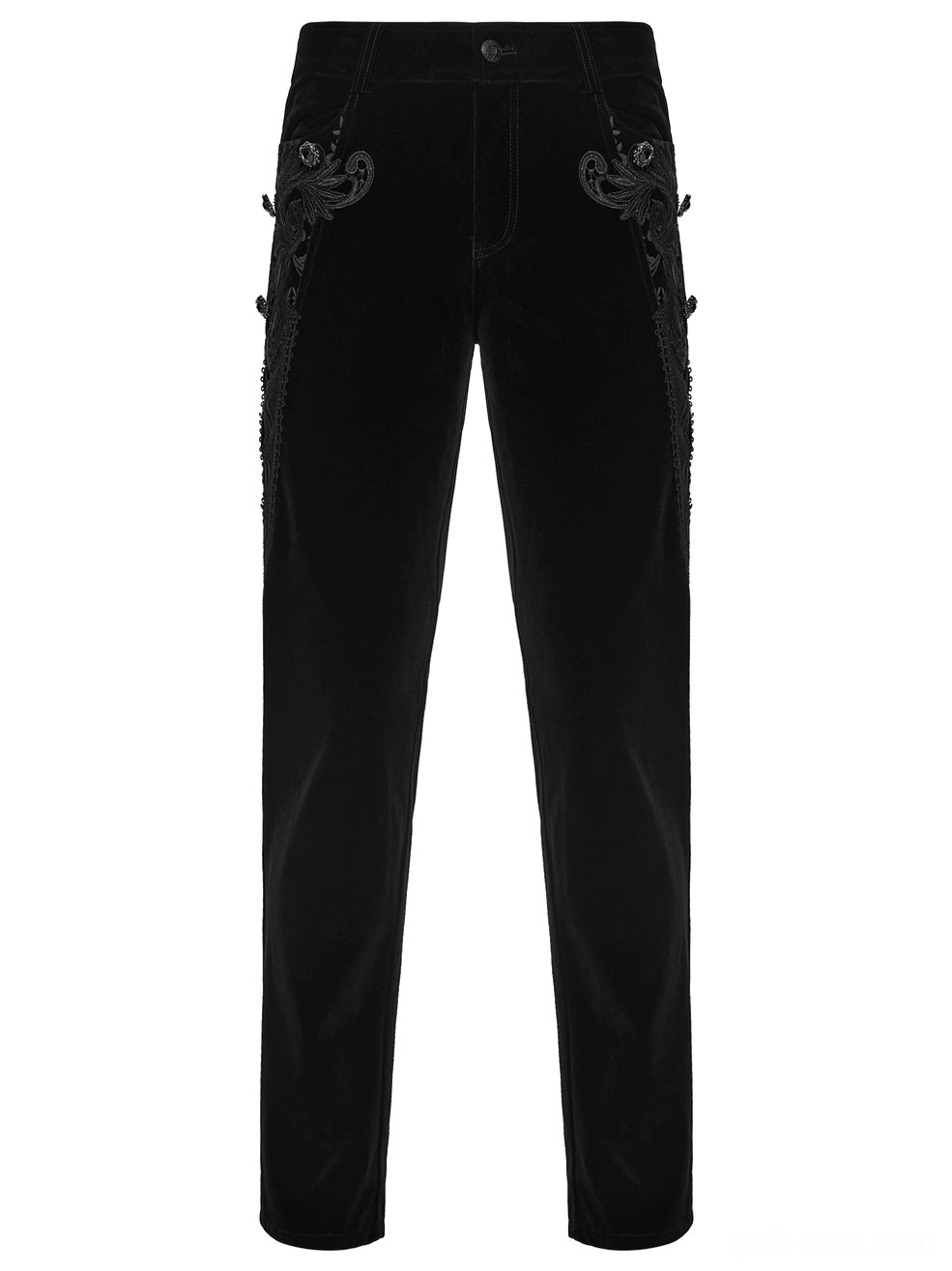 Black velvet gothic slim-fit pants front flat lay showing waistband and decorative button closure detail