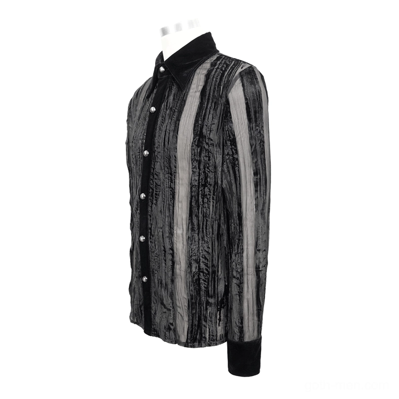 Angled front view of gothic velvet shirt on mannequin highlighting vertical mixed sheer and velvet stripe pattern