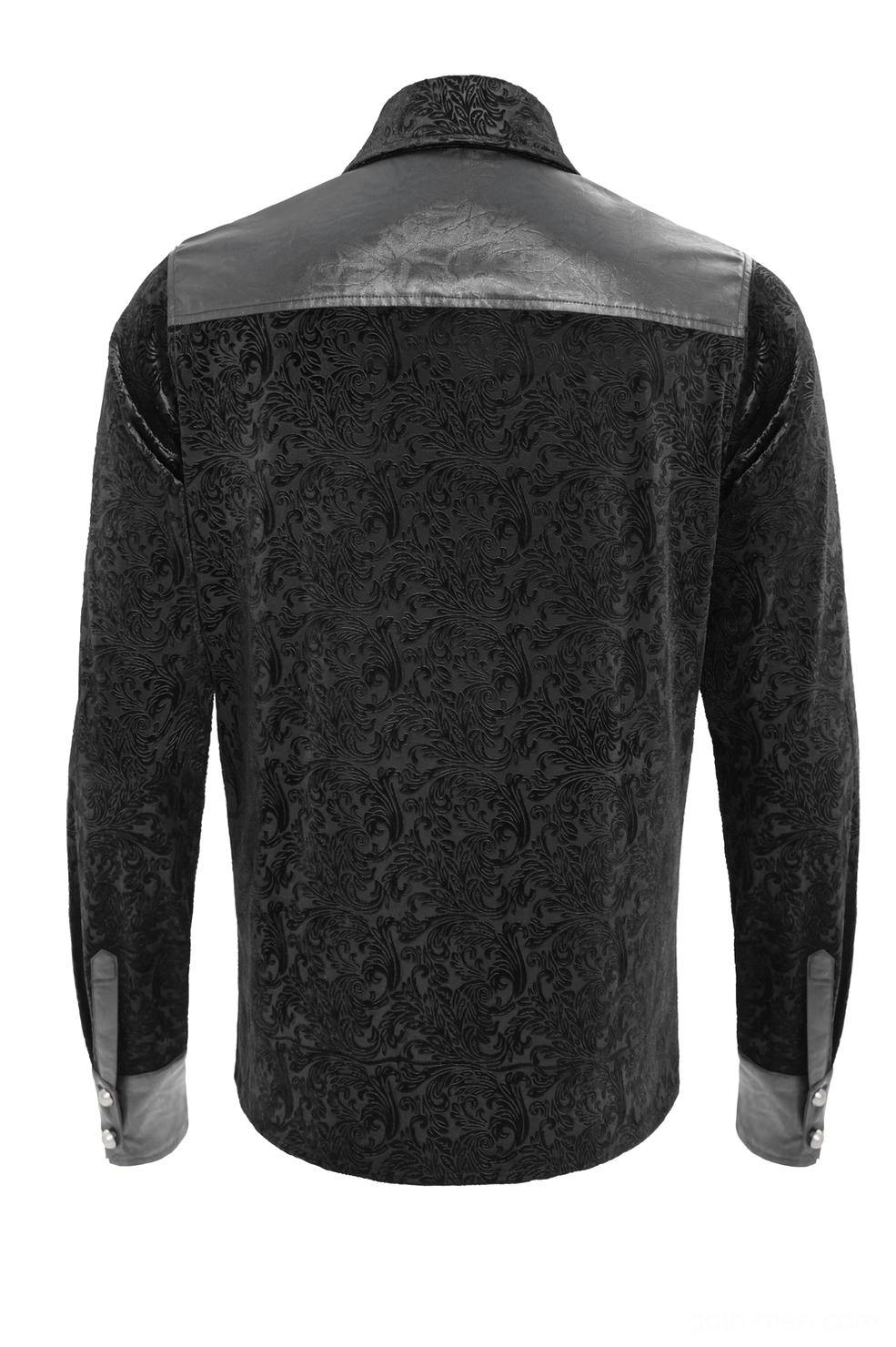 Rear flat lay of black gothic velvet shirt displaying reinforced leather upper back panel and full embossed fabric pattern