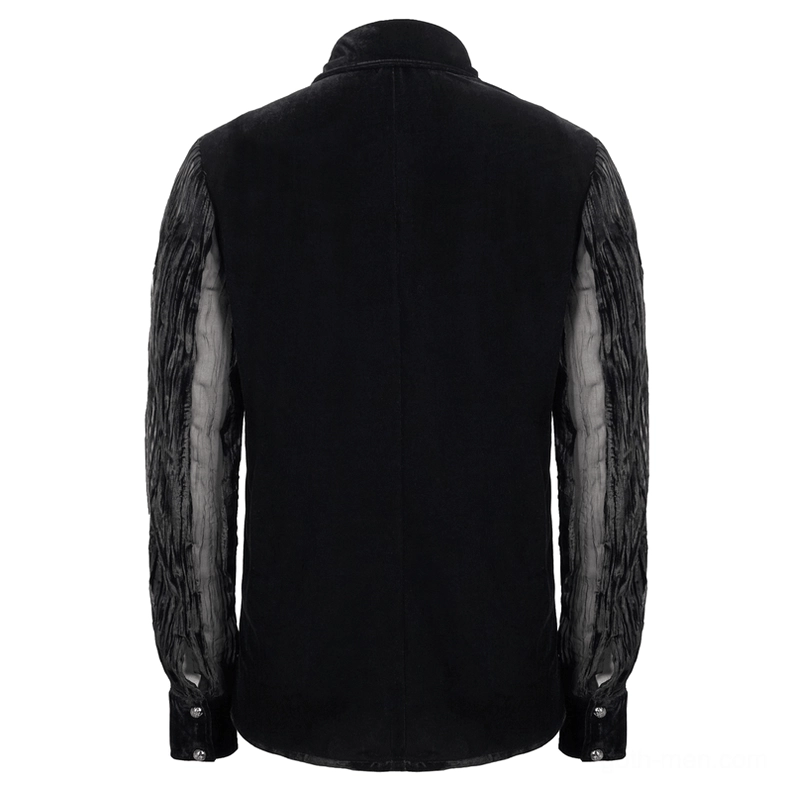 Back view of black velvet gothic shirt on mannequin showing solid velvet main body with transparent long sleeves