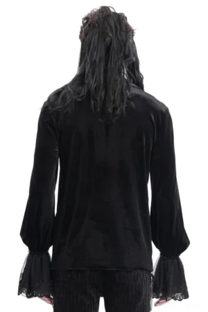 Gothic black velvet shirt back view showing lace-trimmed bell sleeves and velvet texture