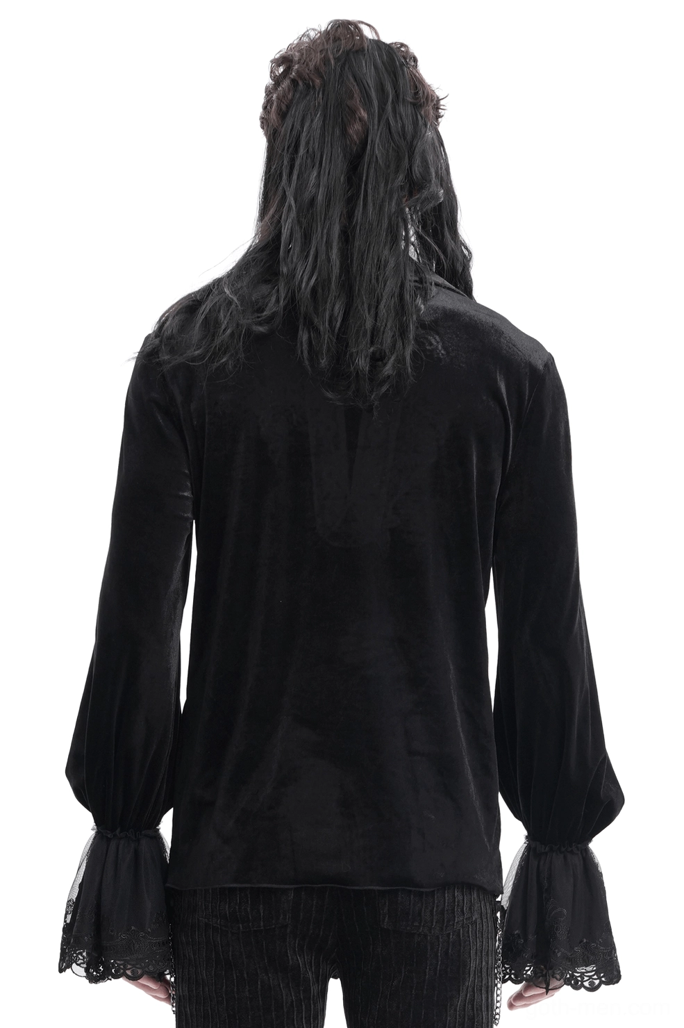 Gothic black velvet shirt back view showing lace-trimmed bell sleeves and velvet texture