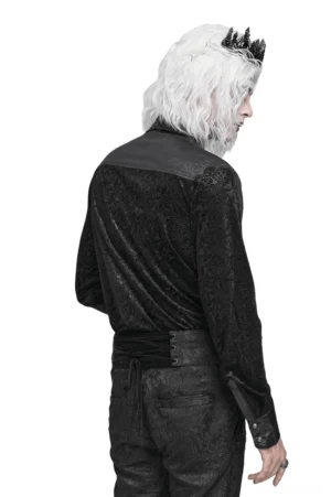 Gothic velvet shirt rear view showing leather back panel, tailored waist sash, and embossed velvet texture on male model