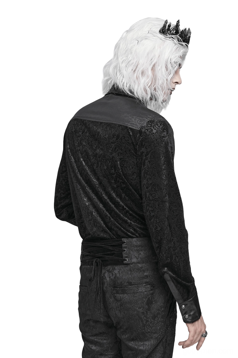 Gothic velvet shirt rear view showing leather back panel, tailored waist sash, and embossed velvet texture on male model