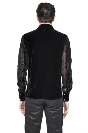 Back full view of black velvet gothic shirt displaying solid velvet back panel and sheer long sleeves on male model