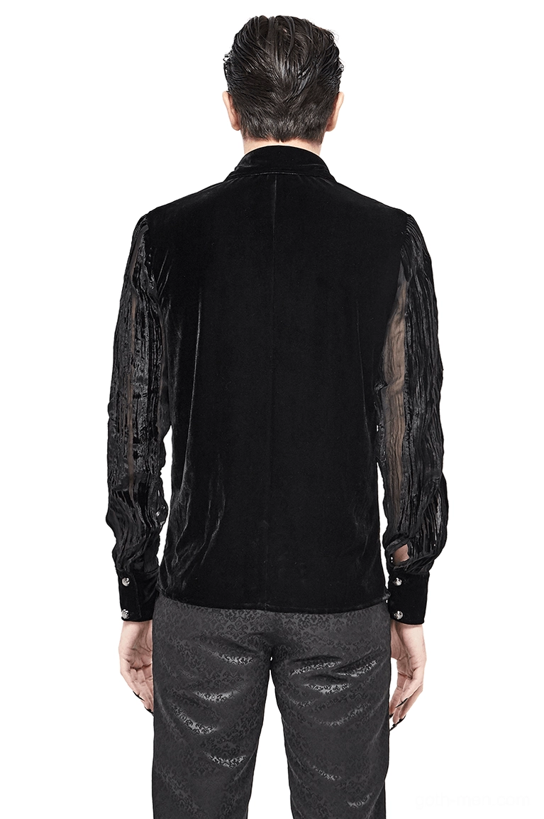 Back full view of black velvet gothic shirt displaying solid velvet back panel and sheer long sleeves on male model