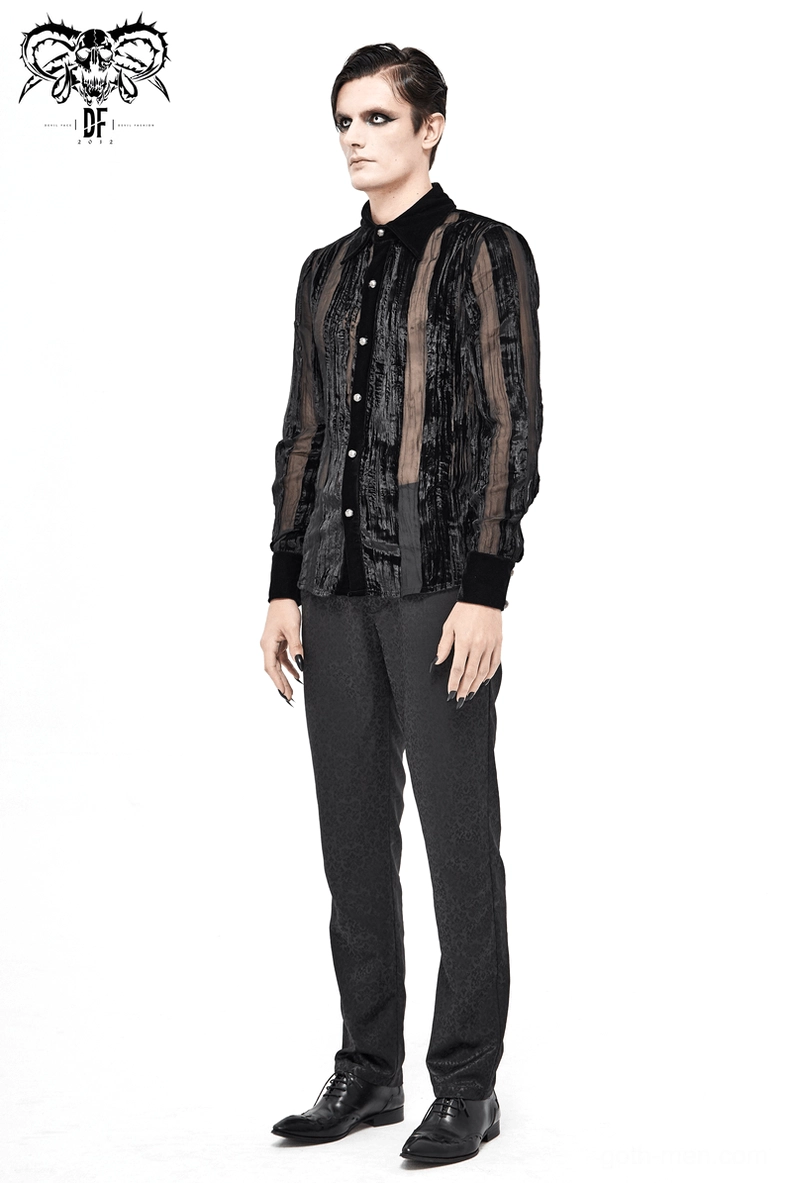 Front button placket detail of black velvet gothic shirt showing ornate silver buttons and fabric stripe alignment