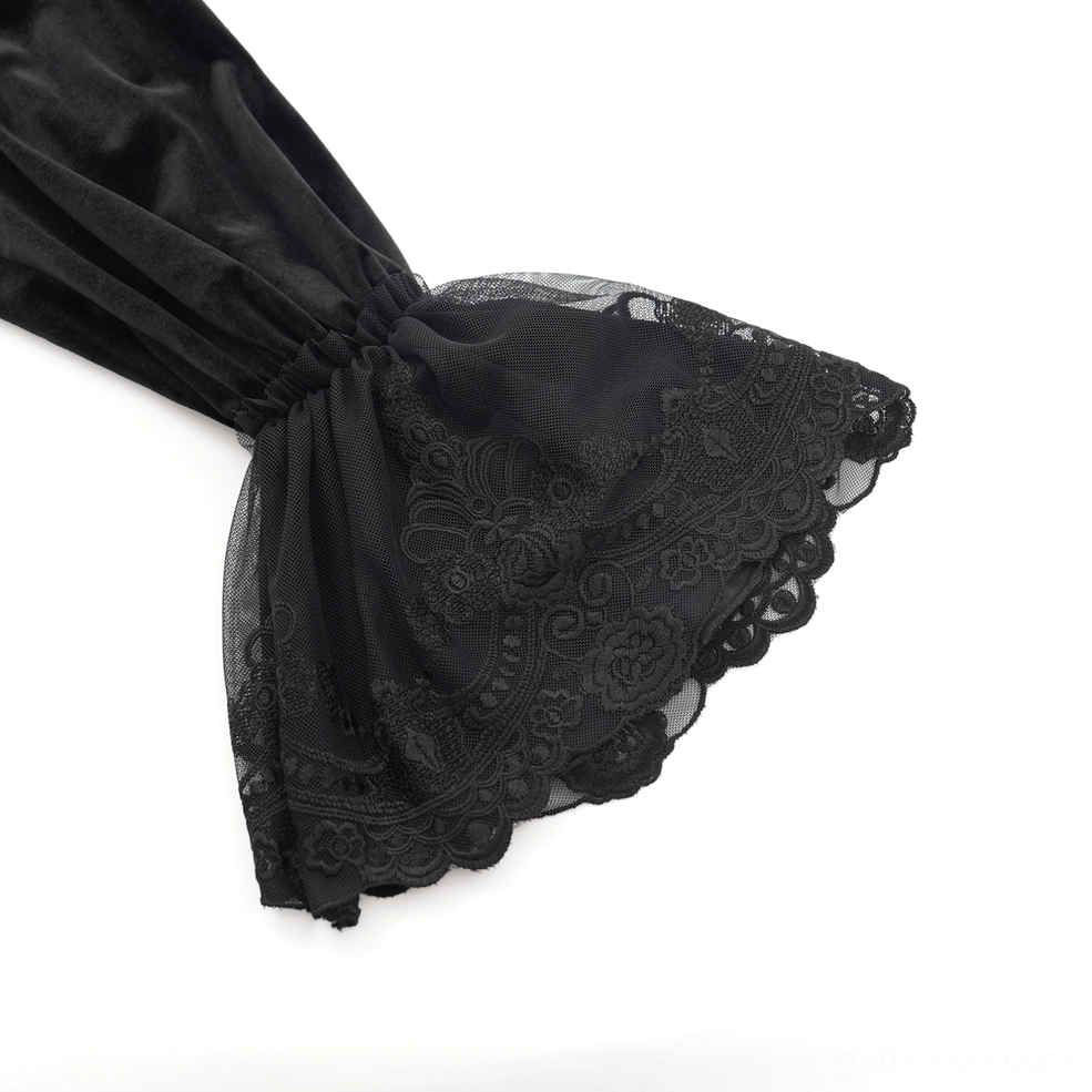 Black gothic velvet shirt chain accent detail highlighting metal embellishments
