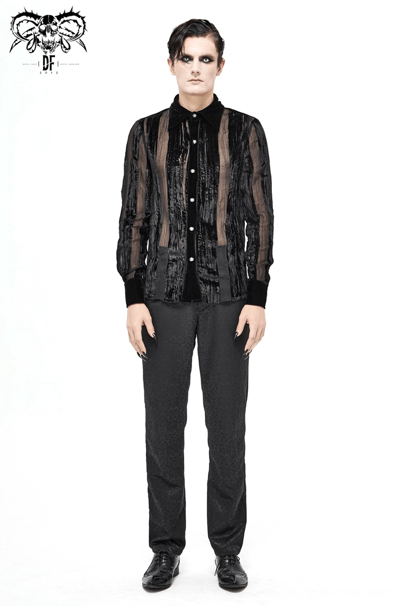 Upper chest area close-up of black velvet gothic shirt highlighting silver button placement and collar structure
