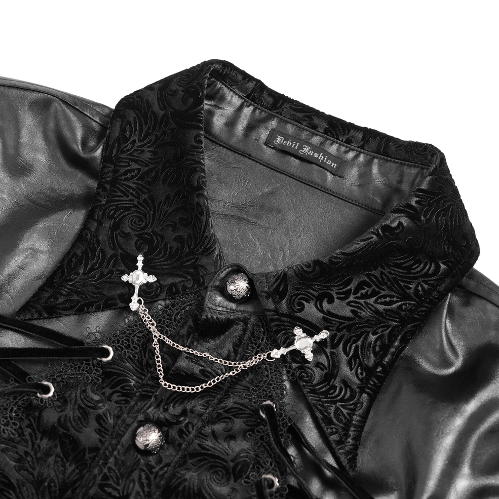 Close-up detail of velvet gothic shirt collar and neckline with leather trim, cross chain decoration, and branded inner tag