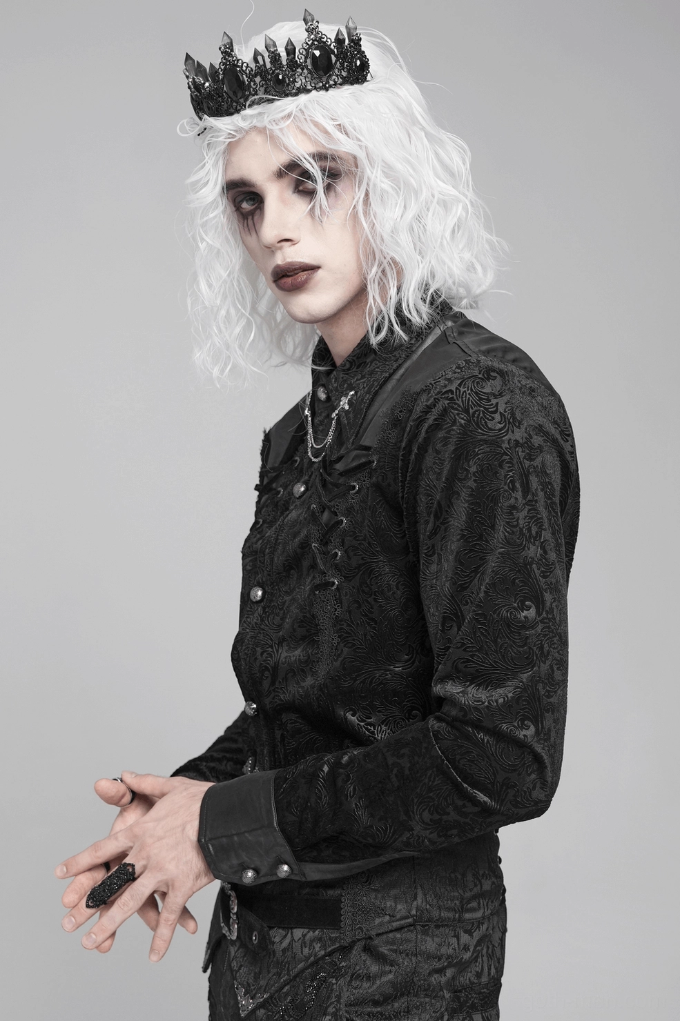 Gothic velvet men's shirt close-up of construction quality showing leather trim seaming and premium fabric finish