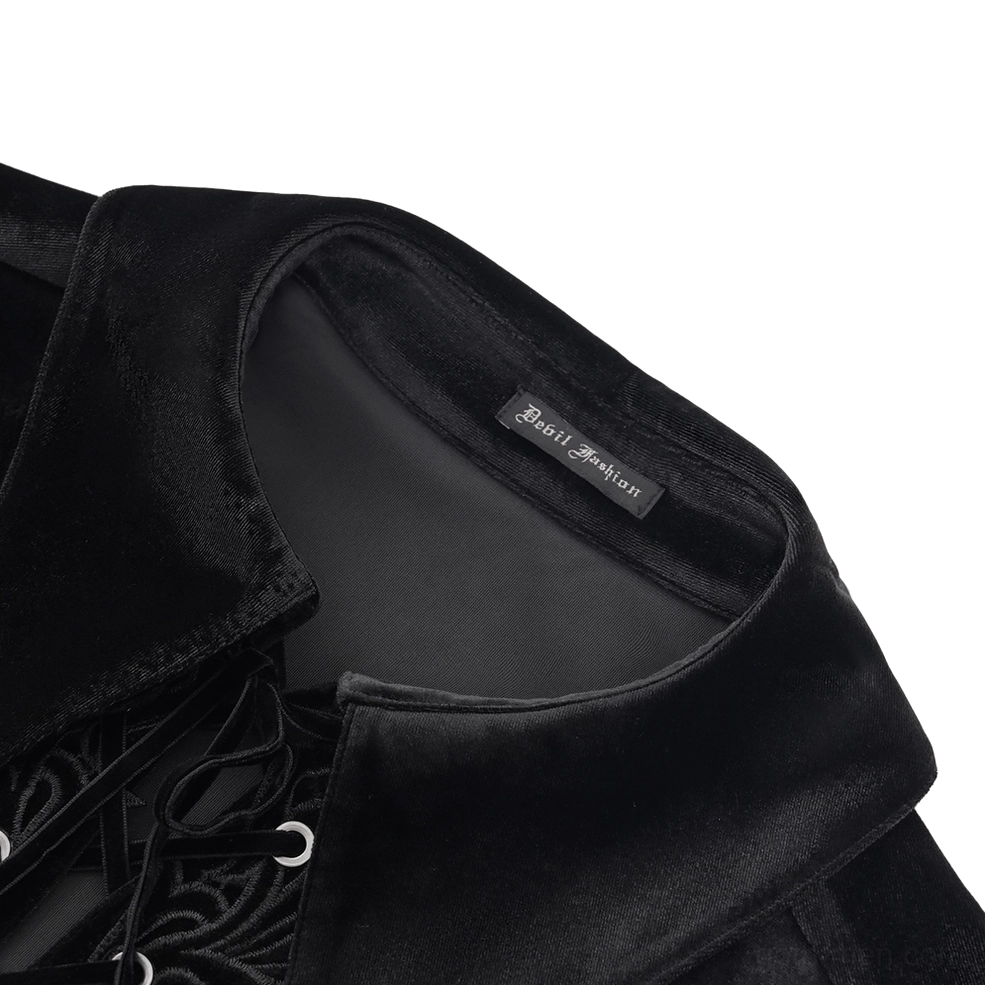 Close-up detail of black velvet gothic shirt label and lace-up grommet construction