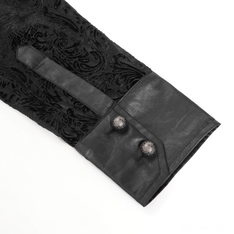 Gothic velvet shirt texture detail showing embossed baroque pattern and premium soft polyester fabric quality