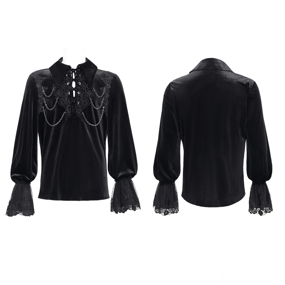 Black gothic velvet shirt front and back flat lay display with lace-up closure and chain details