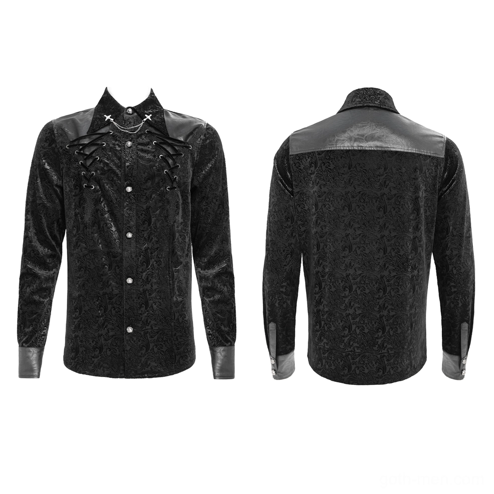 Flat lay display of black gothic velvet shirt front and rear, showing leather cuffs, buttoned placket, and lace-up design