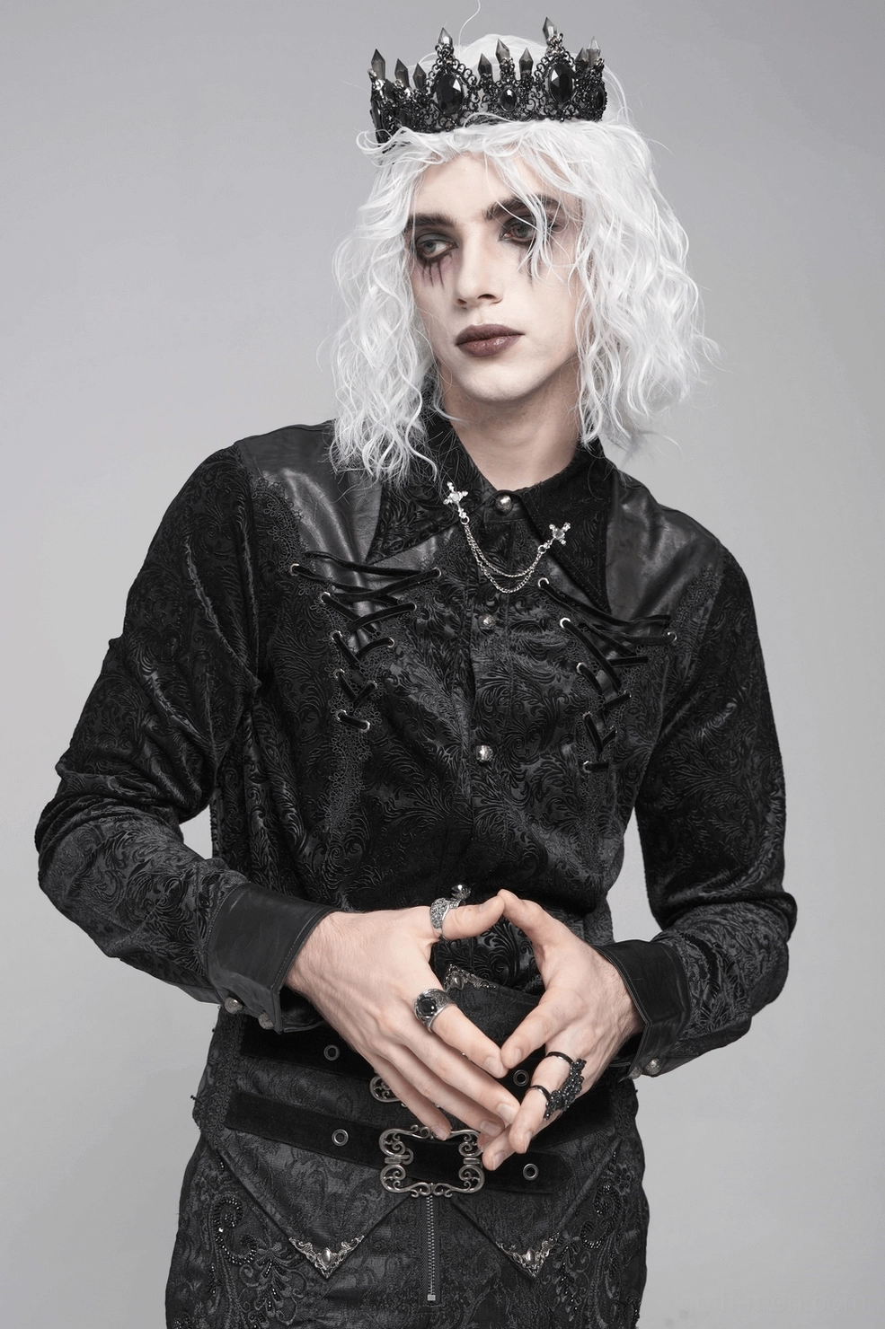 Black gothic velvet shirt front view highlighting lace-up corset-inspired design and tailored fitting
