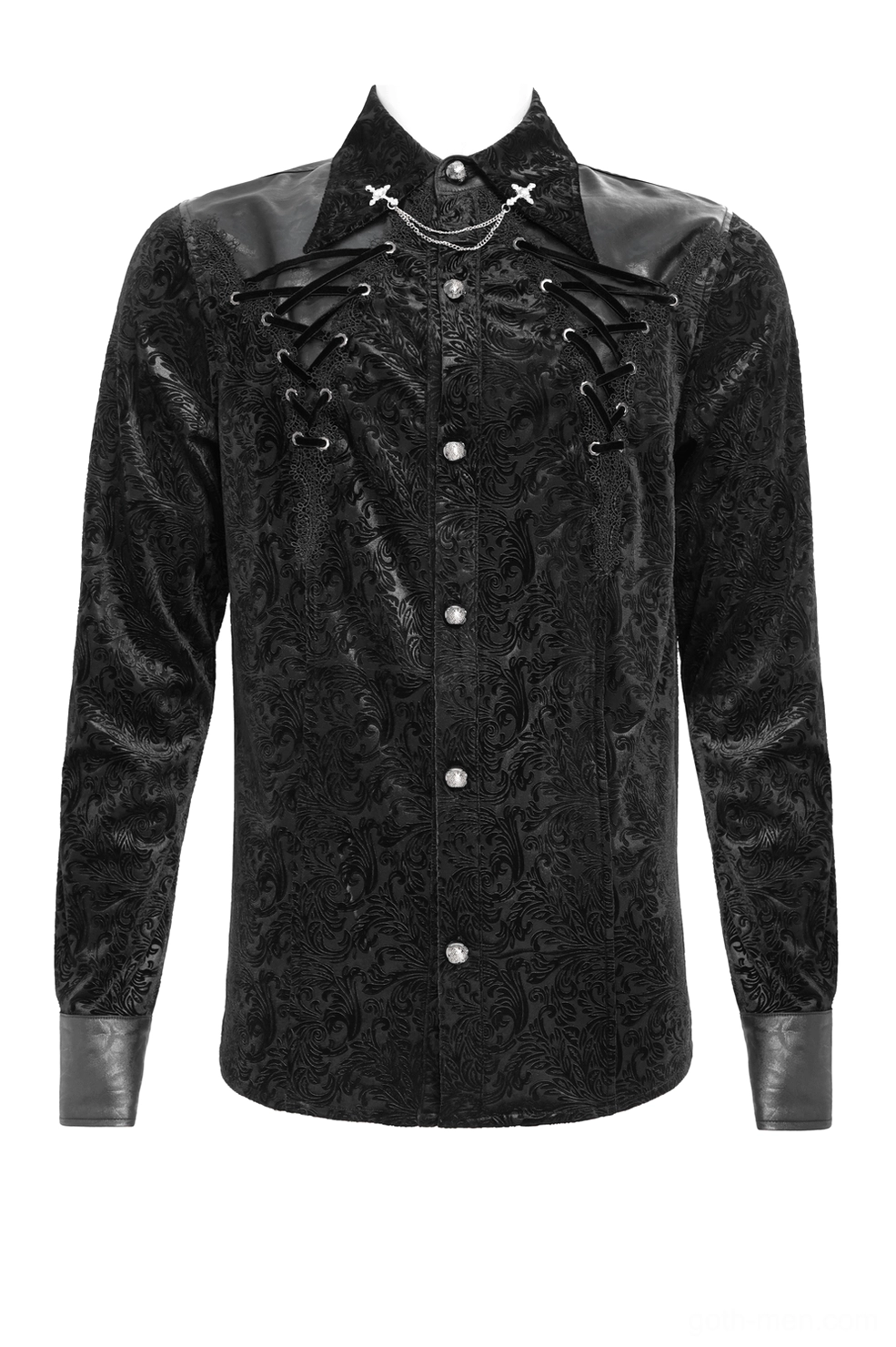 Front close-up of black gothic velvet shirt showing leather shoulder accents, embossed floral texture, and cross chain jewelry